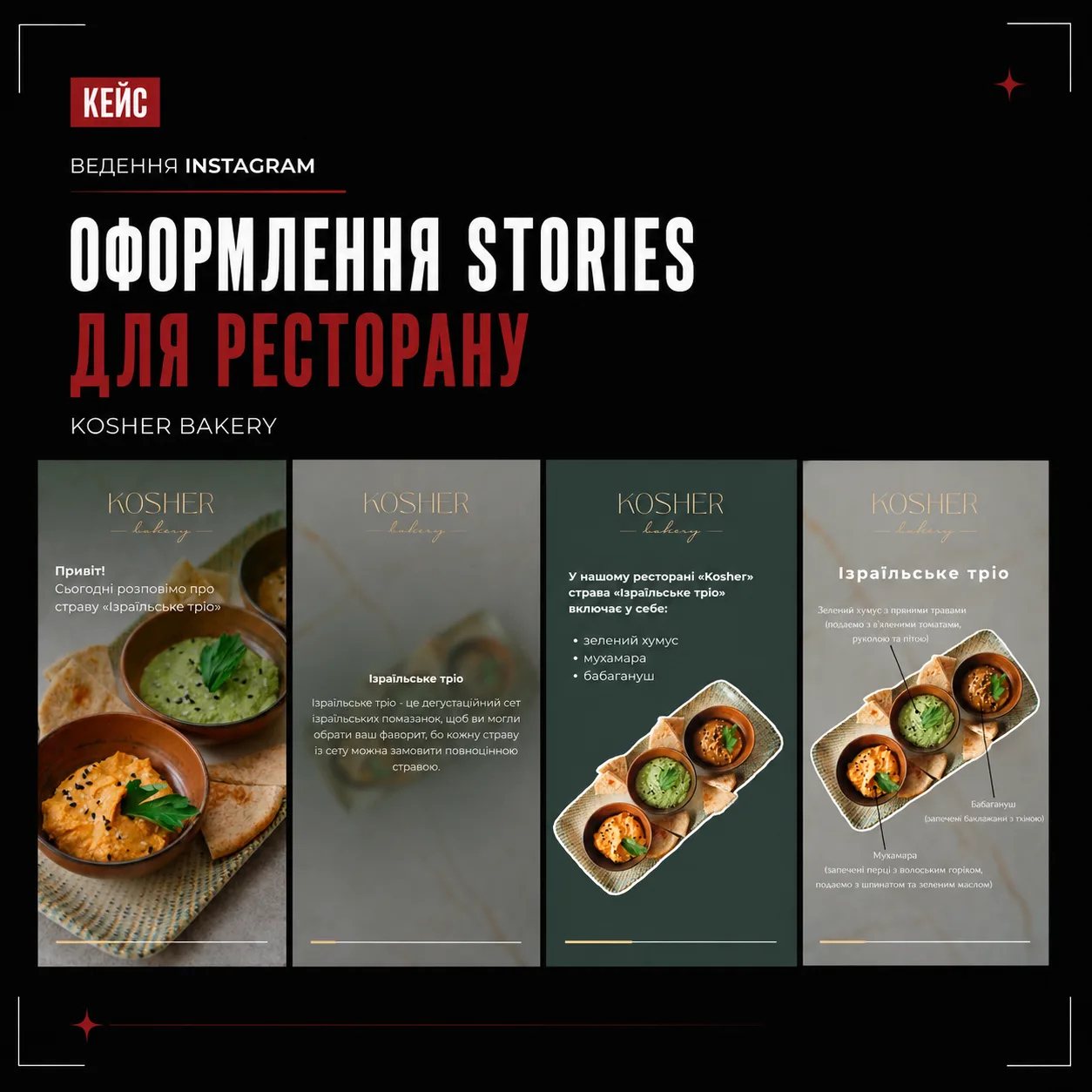 Серія інформаційних Stories зі стравами ресторану Kosher Bakery